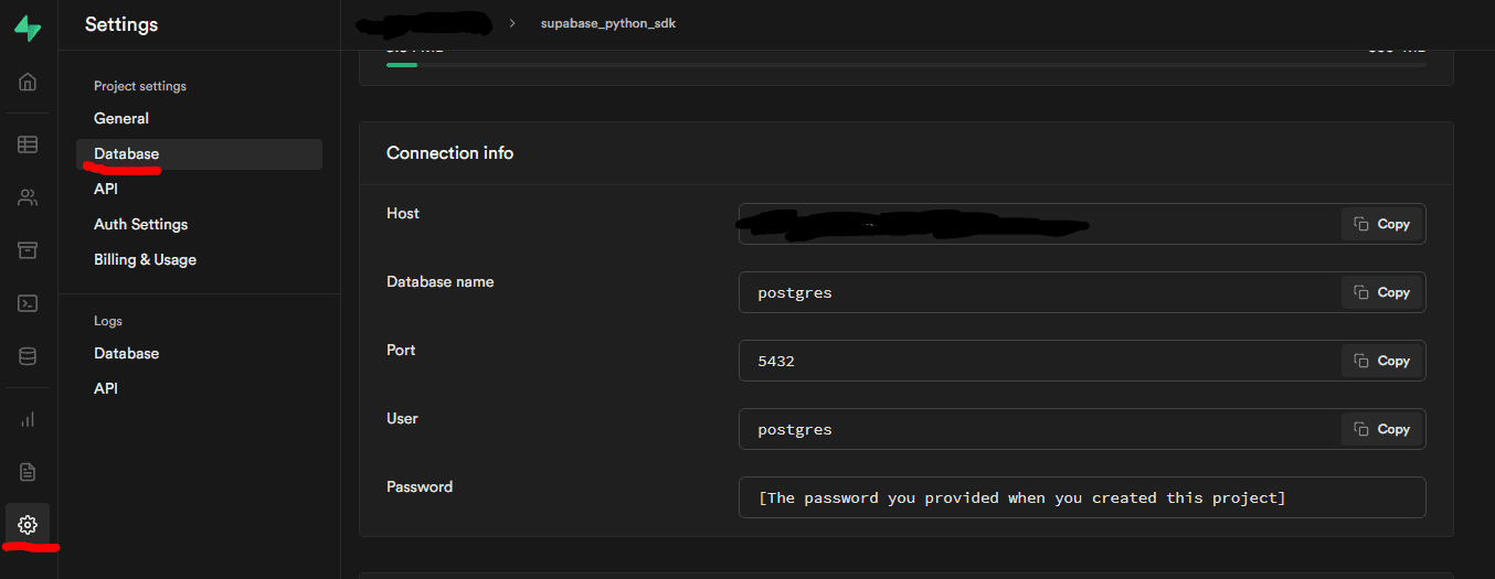screen shot of supabase dashboard database connection information